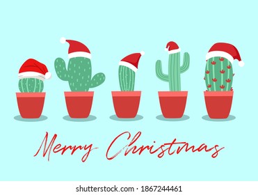 Cactus wearing Santa Claus hat in flat design. Merry Christmas concept vector illustration. Design for poster, greeting card, banner.