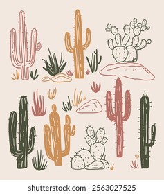 Cactus Western Boho Botanical Earthy Tones Vector Set Illustration