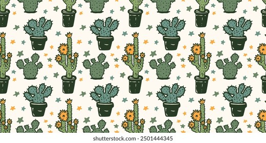 Cactus Western Boho Succulents Desert Botanical Seamless Pattern Vector Illustration