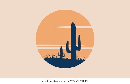 Cactus Western Sunset Landscape Retro Postcard Vector Illustration