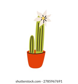 Cactus with white flower growing in pot. Home decor. Tropical houseplant in flowerpot. Flat vector illustration isolated on white background