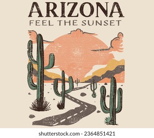 Cactus wild adventure. Arizona desert graphic print artwork for apparel, t shirt, sticker, poster, wallpaper and others. Feel the sunset. desert cactus artwork.