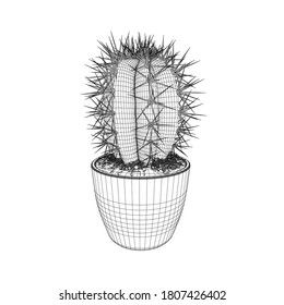 Cactus wireframe in a pot made of black lines isolated on white background. 3D. Vector illustration