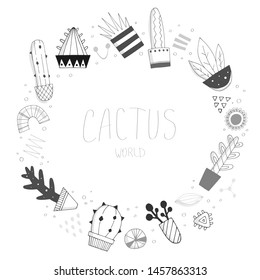 cactus world. Cute vector illustration with frame of cacti, element and the inscription