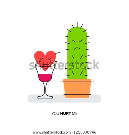 Cactus with wounded heart. You hurt me. Pain, hate, disappointment, resentment emotions concept