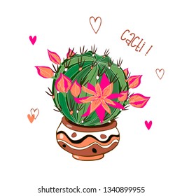 Cactus with a wreath of flowers. Cacti in a pot . Vector illustration
