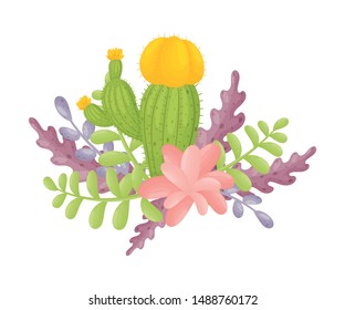 Cactus with yellow flowers among the stems. Vector illustration on a white background.