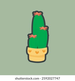 cactus with yellow pot in outline flat vector design