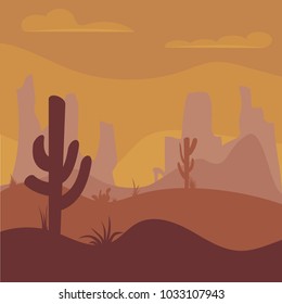 Cactuse and mountains in desert landscape, sunset in cannon. Flat cartoon illustration. Background scene with stones and sand. Vector.