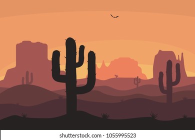 Cactuse and mountains silhouettes, desert landscape. Nature background in sunset with sand hills. Vector illustration.