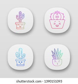 Cactuses app icons set. Laughing Saguaro and peyote cactuses. Kissing zebra home cacti. Hushed elephant cactus. UI/UX user interface. Web or mobile applications. Vector isolated illustrations