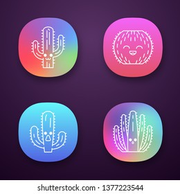 Cactuses app icons set. Plants with smiling faces. Laughing barrel cactus. Astonished elephant cactus. Wild cacti. UI/UX user interface. Web or mobile applications. Vector isolated illustrations
