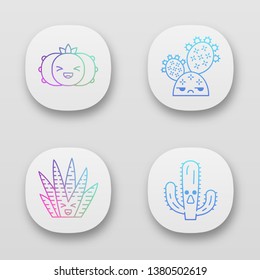 Cactuses app icons set. Plants with smiling faces. Laughing peyote and zebra cactuses. Unamused prickly pear wild cacti. UI/UX user interface. Web or mobile applications. Vector isolated illustrations