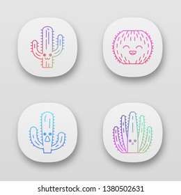 Cactuses app icons set. Plants with smiling faces. Laughing barrel cactus. Astonished elephant wild cacti. UI/UX user interface. Web or mobile applications. Vector isolated illustrations