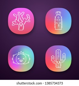 Cactuses app icons set. Plants with smiling faces. Laughing peyote cactus, teddy bear cholla. Kissing hedgehog cacti. UI/UX user interface. Web or mobile applications. Vector isolated illustrations