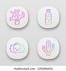 Cactuses app icons set. Plants with smiling faces. Laughing peyote cactus, teddy bear cholla. Kissing hedgehog cacti. UI/UX user interface. Web or mobile applications. Vector isolated illustrations