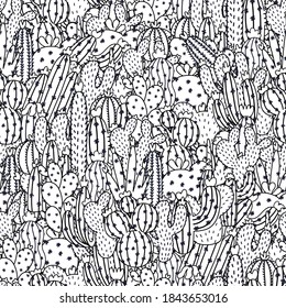 Cactuses black and white seamless pattern for coloring book. Succulent coloring page. Outline tropical nature background. Vector illustration