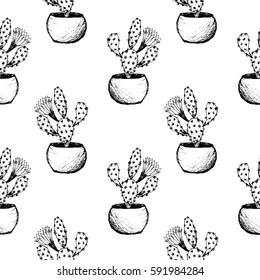 Cactuses - black and white seamless pattern