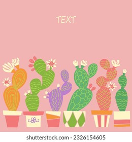 Cactuses card pink background for text or invitations.. Vector cute cactuses with flowers in pots.