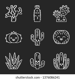 Cactuses chalk icons set. Plants with smiling faces. Laughing barrel, zebra and peyote cactuses. Succulent plants. Kissing hedgehog wild cacti. Isolated vector chalkboard illustrations