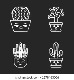 Cactuses chalk icons set. Plants with sad faces. Angry barrel cactus. Happy organ pipe cacti. Hushed teddy bear cholla. Home cacti in pots. Succulent plants. Isolated vector chalkboard illustrations