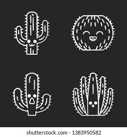 Cactuses chalk icons set. Plants with smiling faces. Laughing barrel cactus. Astonished elephant cactus. Wild cacti. Botanical garden. Succulent plants. Isolated vector chalkboard illustrations