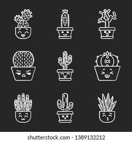 Cactuses chalk icons set. Plants with smiling faces. Laughing Saguaro and peyote cactus. Kissing zebra cacti. Home cacti in pots. Succulent plants. Isolated vector chalkboard illustrations