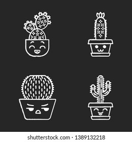 Cactuses chalk icons set. Plants with smiling faces. Laughing Saguaro and prickly pear. Happy hedgehog cactus. Home cacti in pots. Succulent plants. Isolated vector chalkboard illustrations