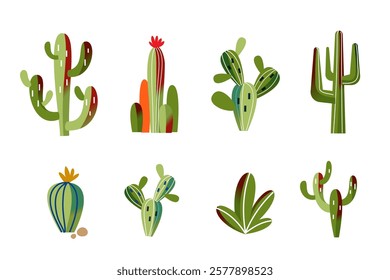 Cactuses collection. Traditional deserts plants. Wild west cacti set. Flat vector illustration set isolated on transparent background.