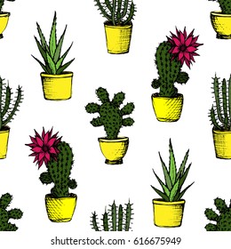 Cactuses - color seamless pattern with 4 different types of cactuses