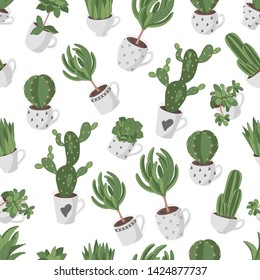 Cactuses in cups, seamless pattern. Doodle vector illustration.