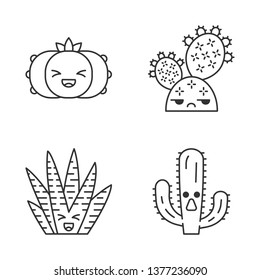 Cactuses cute kawaii linear characters. Plants with smiling faces. Laughing peyote and zebra cactuses. Unamused prickly pear. Thin line icon set. Vector isolated outline illustration. Editable stroke