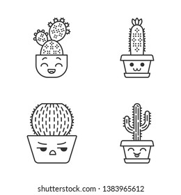 Cactuses cute kawaii linear characters. Plants with smiling faces. Laughing Saguaro. Happy hedgehog cactus. Home cacti in pot. Thin line icon set. Vector isolated outline illustration. Editable stroke