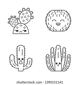 Cactuses cute kawaii linear characters. Plants with sad face. Laughing barrel cactus. Hushed organ pipe. Astonished elephant Thin line icon set. Vector isolated outline illustration. Editable stroke