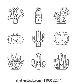 Cactuses cute kawaii linear characters. Plants with smiling face. Laughing barrel and peyote cactuses. Kissing hedgehog cacti. Thin line icon set. Vector isolated outline illustration. Editable stroke