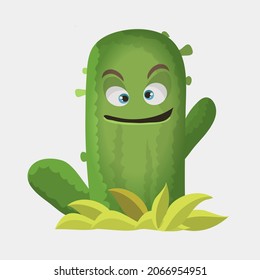 Cactuses cute kawaii vector character. Plant with smiling faces. Cactus waving branch. Funny emoji, emoticon set. Isolated cartoon color illustration