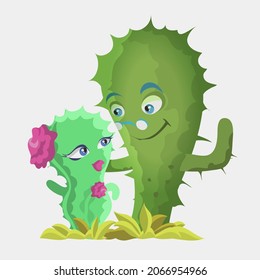 Cactuses cute kawaii vector character. Plant with smiling faces. A couple of cacti. Funny emoji, emoticon set. Isolated cartoon color illustration
