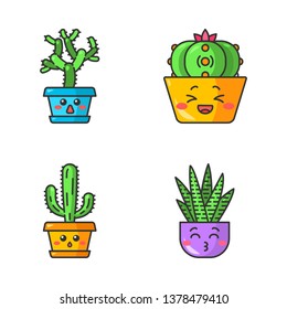 Cactuses cute kawaii vector characters. Plants with sad faces. Hushed elephant cacti. Laughing peyote cactus. Kissing zebra home cacti. Funny emoji, emoticon set. Isolated cartoon color illustration