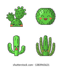 Cactuses cute kawaii vector characters. Laughing barrel cactus. Hushed organ pipe. Astonished elephant cactus. Wild cacti. Funny emoji, emoticon set. Isolated cartoon color illustration