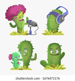 Cactuses cute kawaii vector characters. Plants with smiling faces. Cactus in headphones, cactus sings, a couple of cacti and funny face. Funny emoji, emoticon set. Isolated cartoon color illustration
