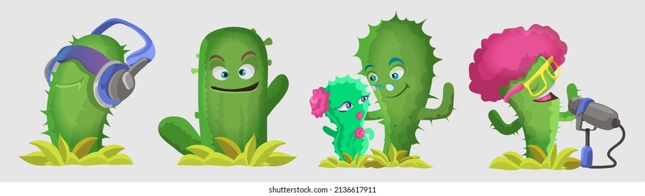 Cactuses cute kawaii vector characters. Plants with smiling faces. Cactus in headphones, cactus sings, a couple of cacti and funny face. Funny emoji, emoticon set. Isolated cartoon color illustration