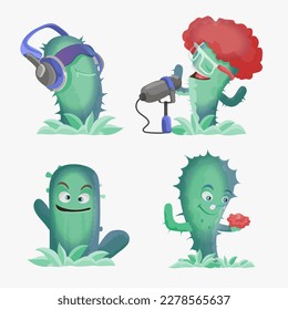 Cactuses cute kawaii vector characters. Plants with smiling faces. Cactus in headphones, cactus sings, a couple of cacti and funny face. Funny emoji, emoticon set. Isolated cartoon color illustration