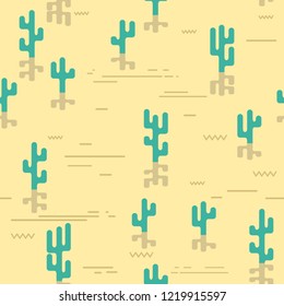 Cactuses in the desert. Flat style. Seamless pattern