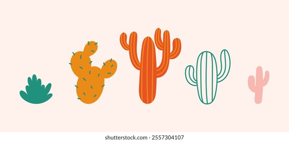 Cactuses. Desert plant, cacti. Cartoon decorative gardening cactus, home plants 