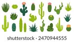 Cactuses. Desert plant, Mexican cacti flower, aloe, succulent. Cartoon decorative gardening cactus, home plants, summer Mexico nature plants. Vector flat set. Exotic botanical spiny elements