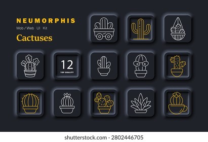 Cactuses desert set icon. Potted cactus hanging plant flower shapes minimal neumorphic outline style dark theme soft shadow UI design.