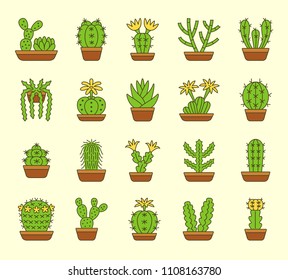 Cactuses of different types. Set of desert plants for terrariums and rock gardens. Home & office interior decor elements. Flat icon collection. 