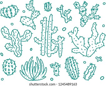 Cactuses doodle sketch set isolated on a white background 