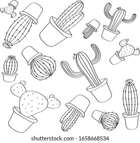 Cactuses is drawn in black doodle style. Coloring book children`s flora, beautiful vector drawing.