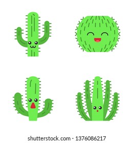 Cactuses flat design long shadow color icons set. Plants with smiling faces. Laughing barrel cactus. Astonished elephant wild cacti. Botanical garden. Succulent plants. Vector silhouette illustrations